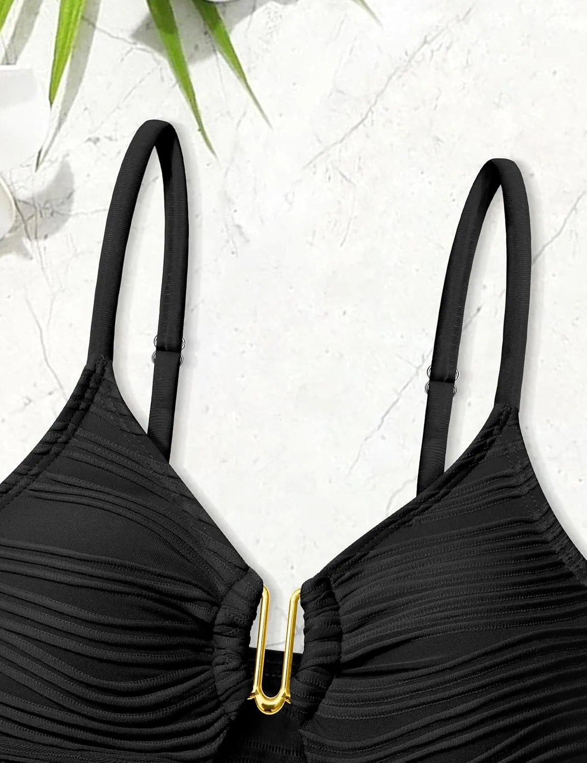 Girls Swimsuit High Waisted Girls Bathing Suit V Neck Cutout Two Piece Swimwear Ruched Solid Padded Bikini Sets 9-16Y