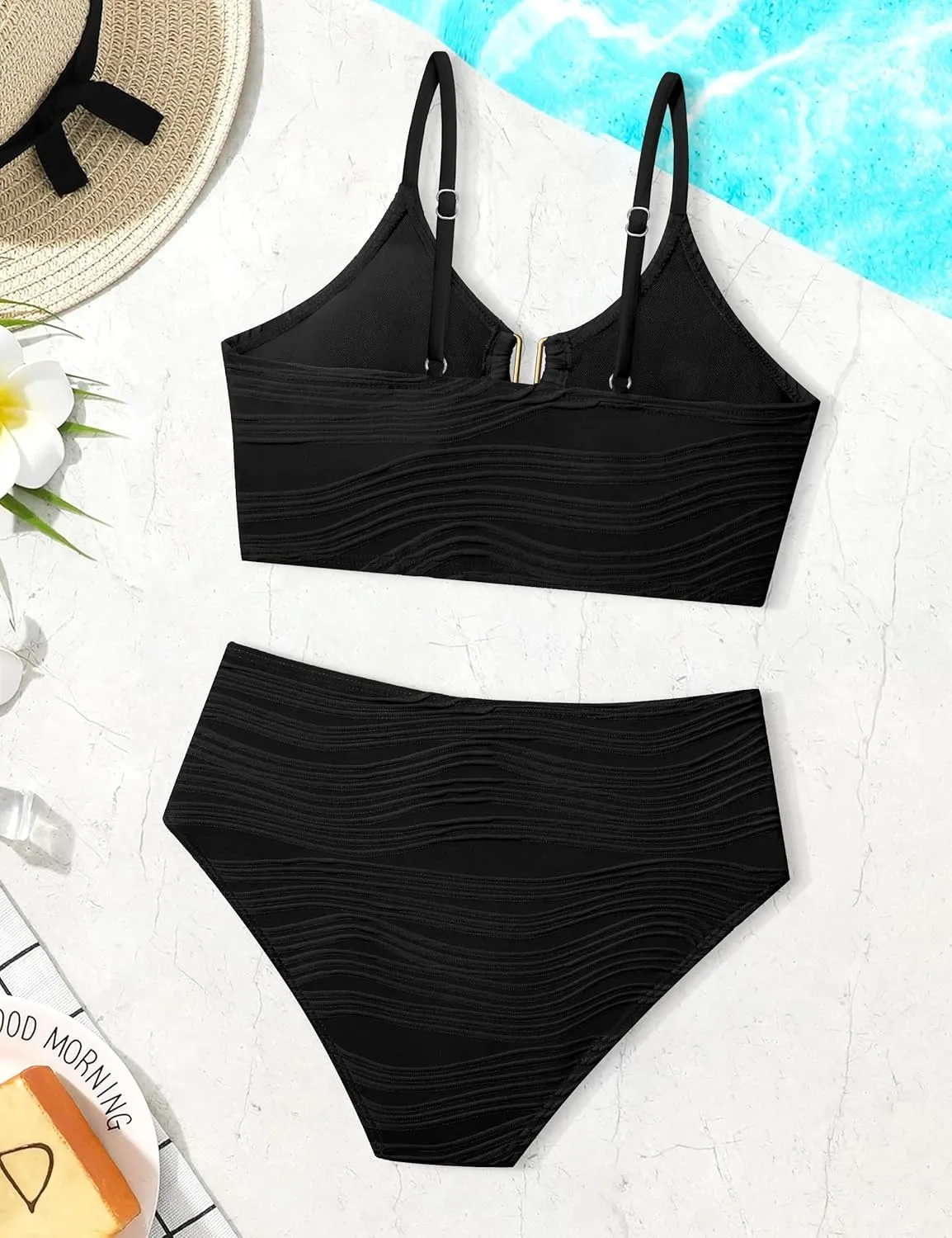 Girls Swimsuit High Waisted Girls Bathing Suit V Neck Cutout Two Piece Swimwear Ruched Solid Padded Bikini Sets 9-16Y