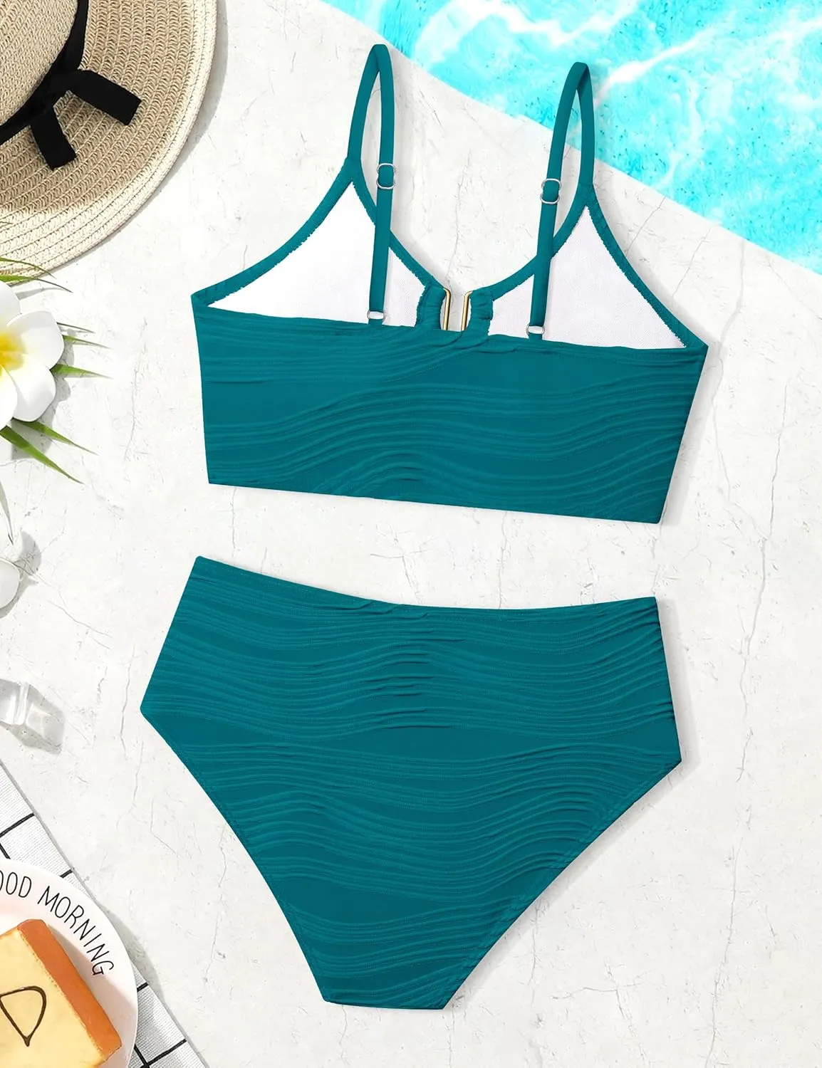 Girls Swimsuit High Waisted Girls Bathing Suit V Neck Cutout Two Piece Swimwear Ruched Solid Padded Bikini Sets 9-16Y