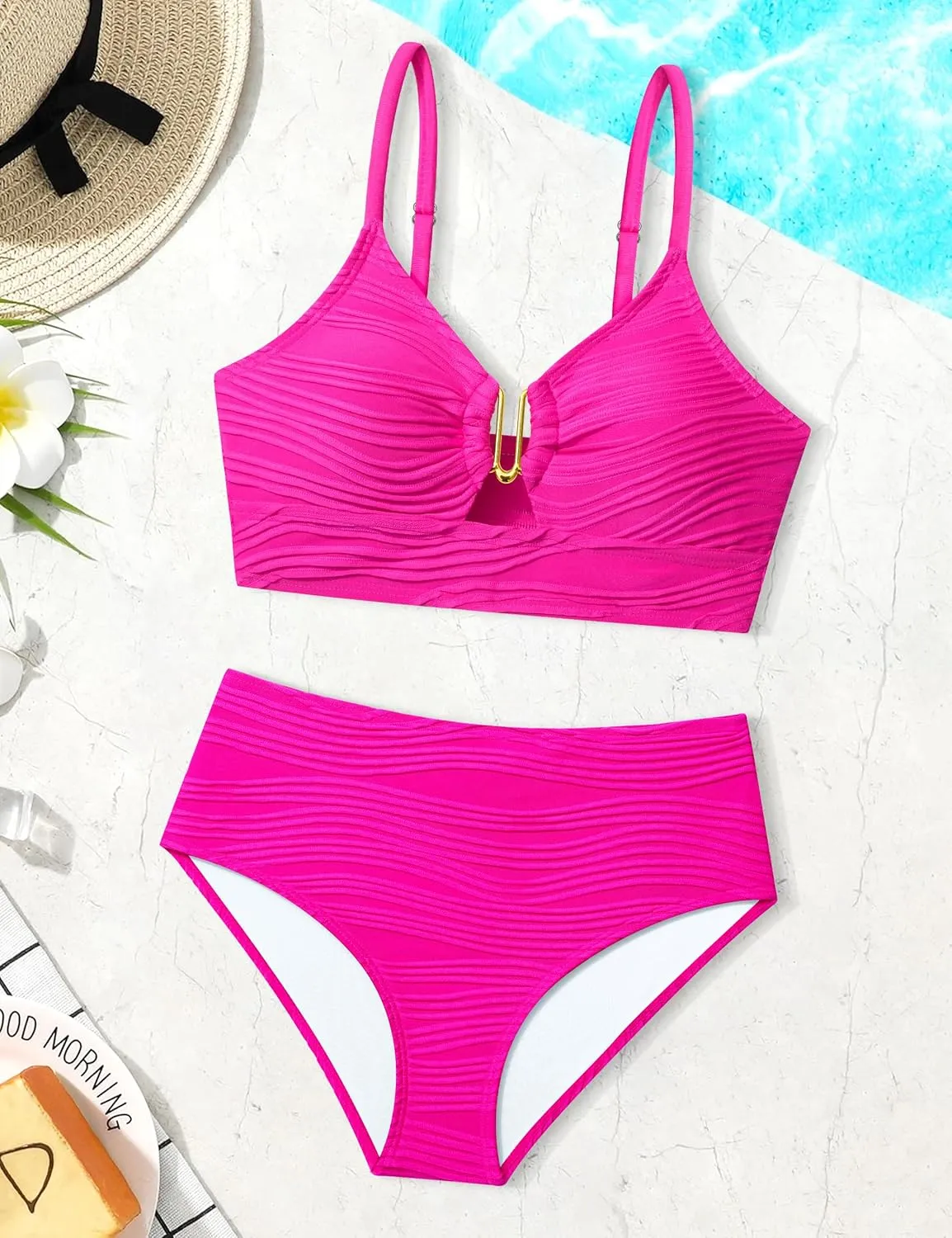 Girls Swimsuit High Waisted Girls Bathing Suit V Neck Cutout Two Piece Swimwear Ruched Solid Padded Bikini Sets 9-16Y