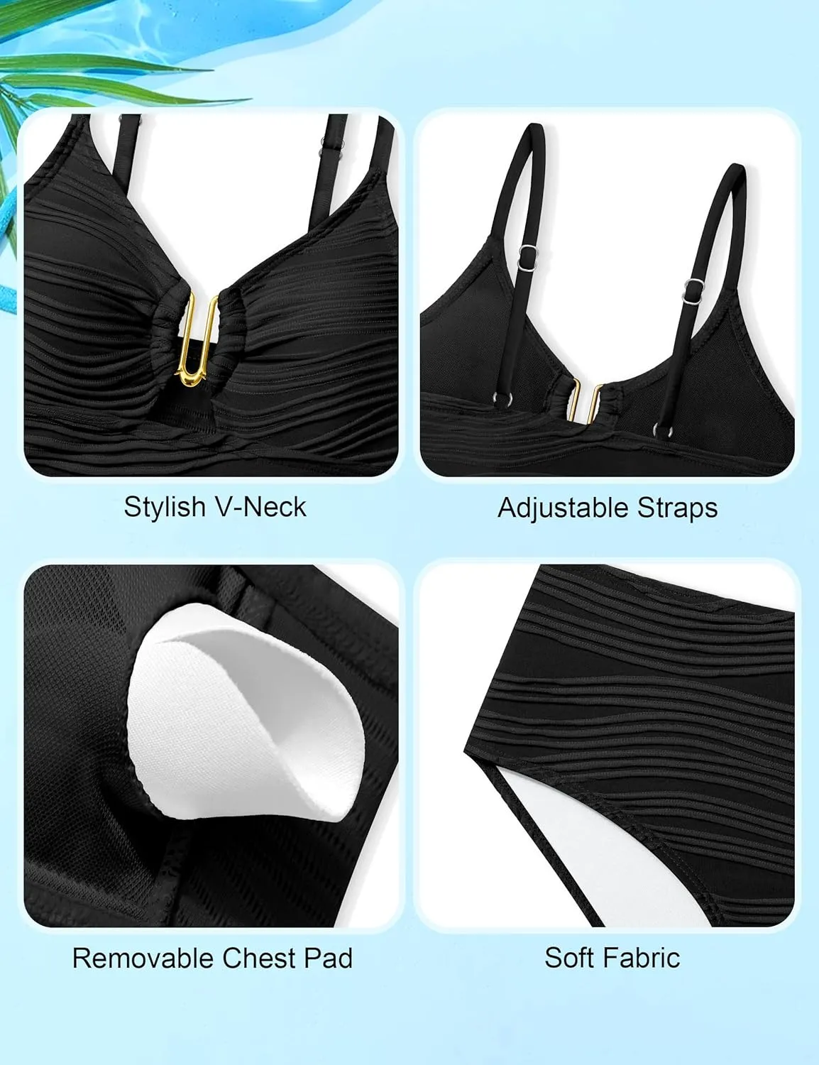 Girls Swimsuit High Waisted Girls Bathing Suit V Neck Cutout Two Piece Swimwear Ruched Solid Padded Bikini Sets 9-16Y