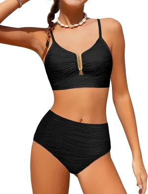 Girls Swimsuit High Waisted Girls Bathing Suit V Neck Cutout Two Piece Swimwear Ruched Solid Padded Bikini Sets 9-16Y