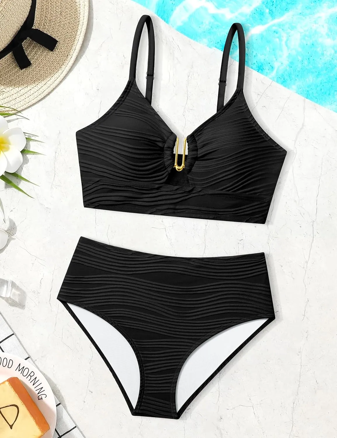 Girls Swimsuit High Waisted Girls Bathing Suit V Neck Cutout Two Piece Swimwear Ruched Solid Padded Bikini Sets 9-16Y