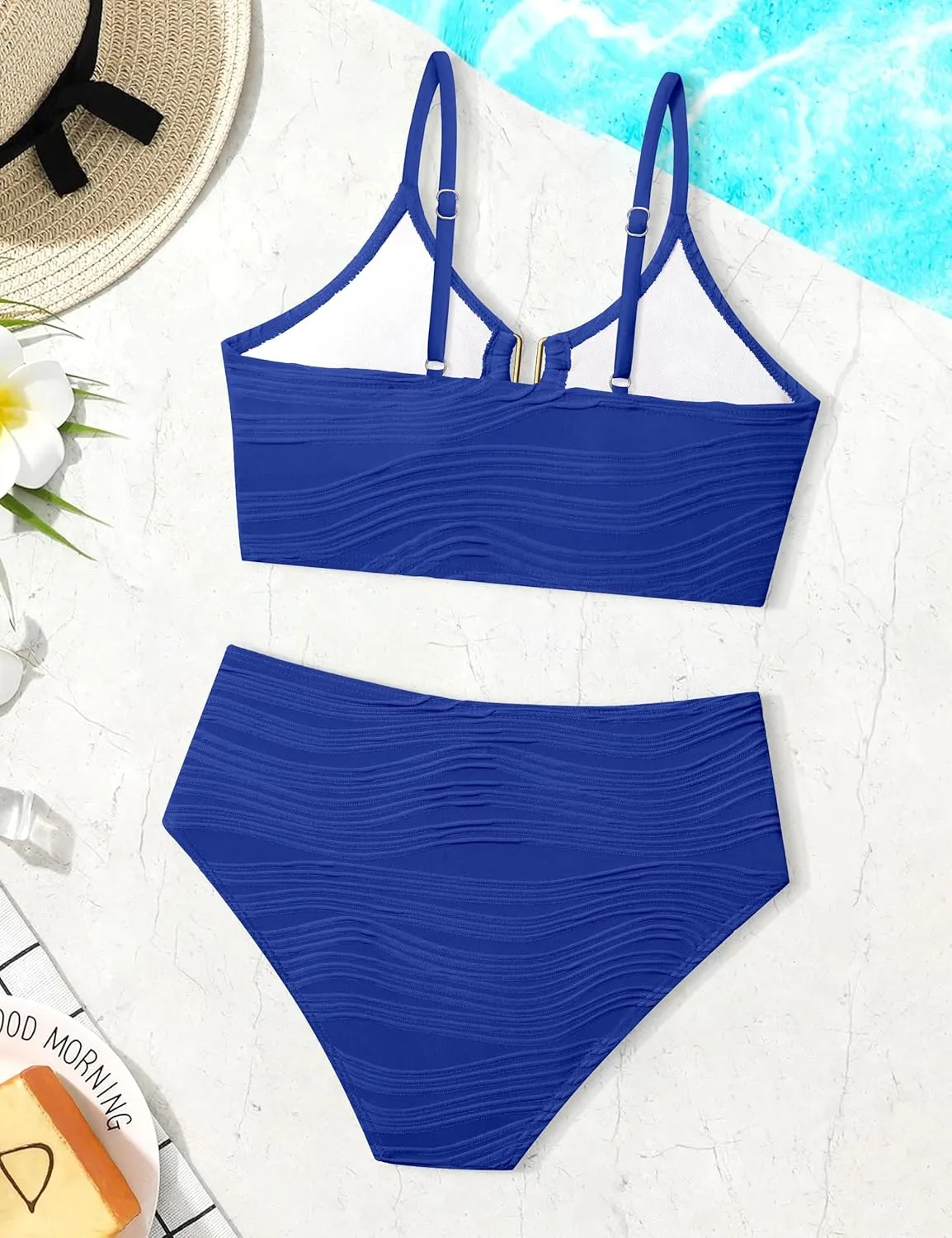 Girls Swimsuit High Waisted Girls Bathing Suit V Neck Cutout Two Piece Swimwear Ruched Solid Padded Bikini Sets 9-16Y