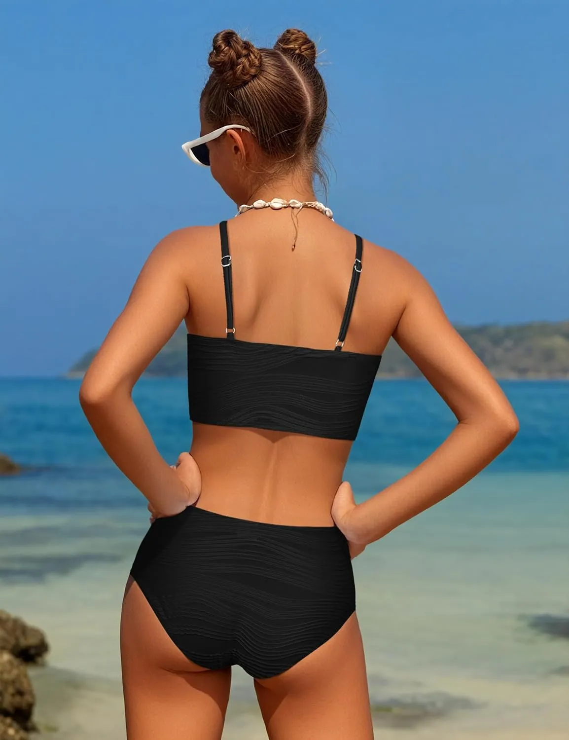 Girls Swimsuit High Waisted Girls Bathing Suit V Neck Cutout Two Piece Swimwear Ruched Solid Padded Bikini Sets 9-16Y