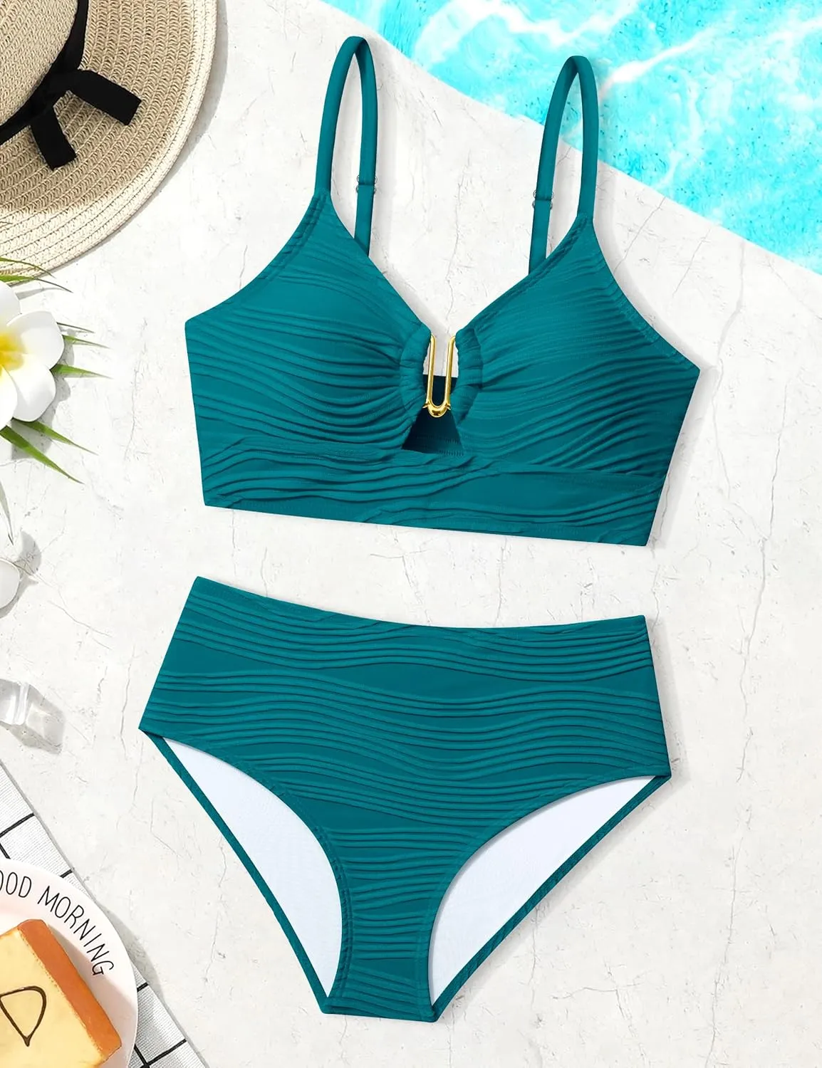 Girls Swimsuit High Waisted Girls Bathing Suit V Neck Cutout Two Piece Swimwear Ruched Solid Padded Bikini Sets 9-16Y