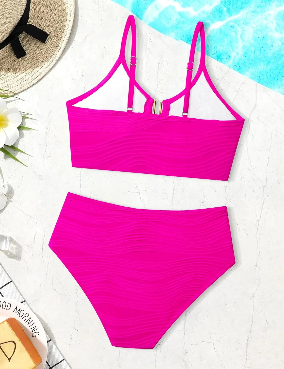 Girls Swimsuit High Waisted Girls Bathing Suit V Neck Cutout Two Piece Swimwear Ruched Solid Padded Bikini Sets 9-16Y