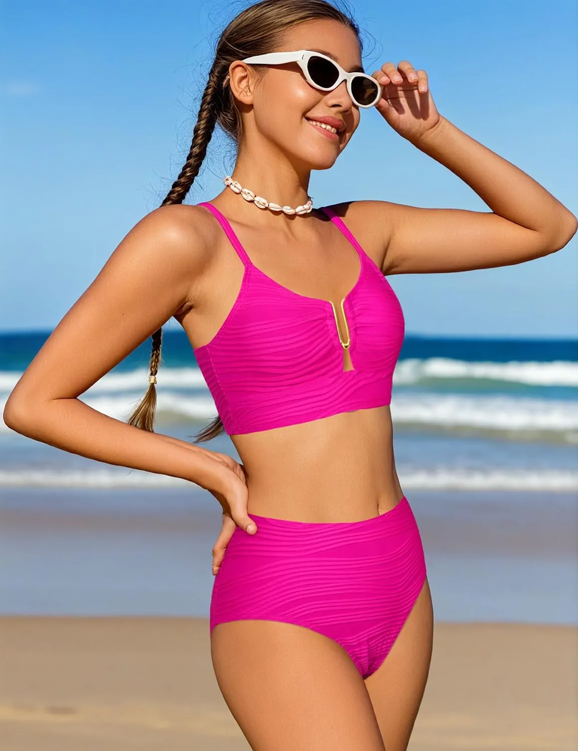 Girls Swimsuit High Waisted Girls Bathing Suit V Neck Cutout Two Piece Swimwear Ruched Solid Padded Bikini Sets 9-16Y