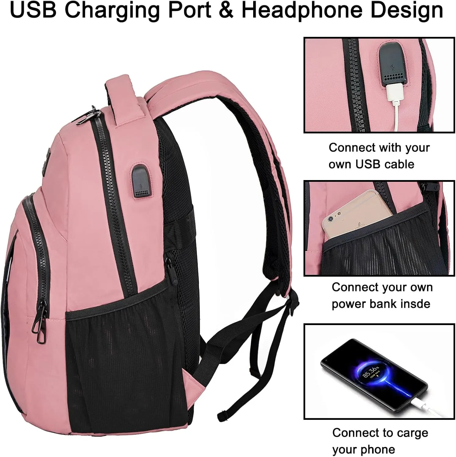 Goloni 15.6 Travel Laptop Backpack with USB Charging Port, Men Man Women Back Pack,Work,Casual College,High Schol Book Bag for Teens Lightweight Waterproof Casual Notebook Bag,Pink