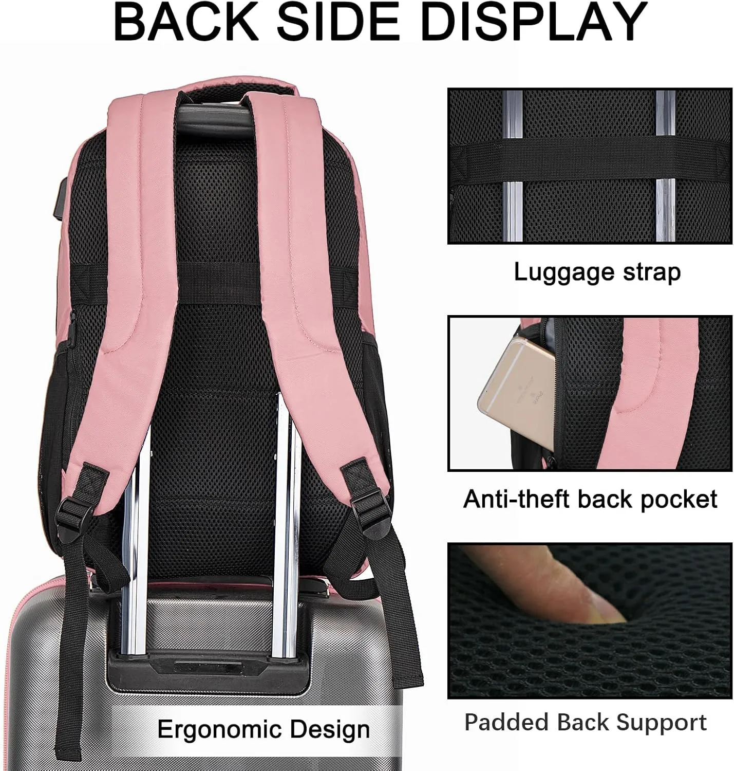 Goloni 15.6 Travel Laptop Backpack with USB Charging Port, Men Man Women Back Pack,Work,Casual College,High Schol Book Bag for Teens Lightweight Waterproof Casual Notebook Bag,Pink