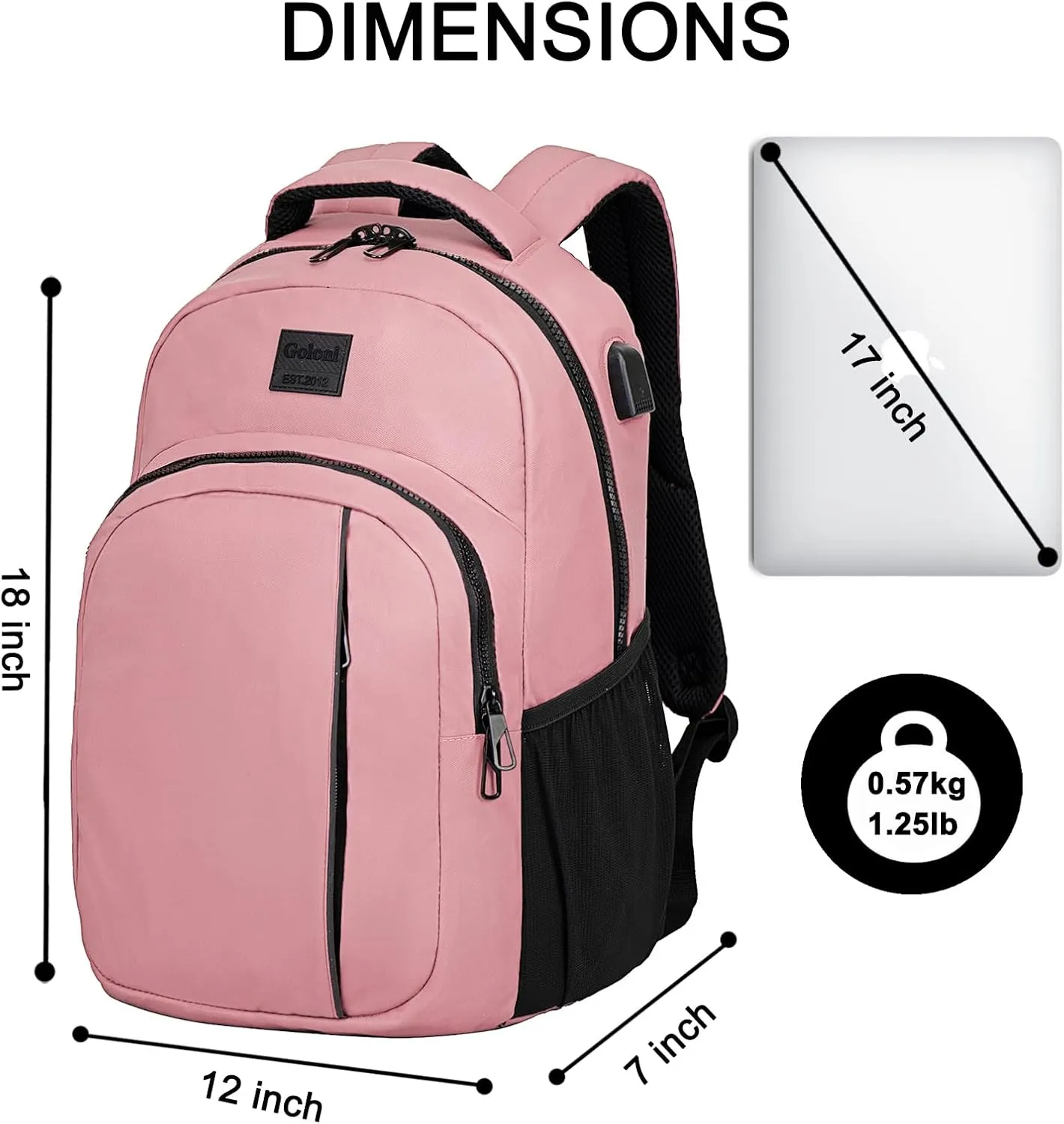 Goloni 15.6 Travel Laptop Backpack with USB Charging Port, Men Man Women Back Pack,Work,Casual College,High Schol Book Bag for Teens Lightweight Waterproof Casual Notebook Bag,Pink