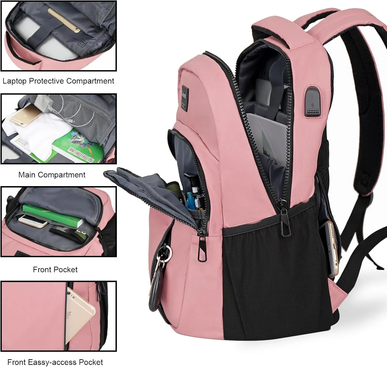 Goloni 15.6 Travel Laptop Backpack with USB Charging Port, Men Man Women Back Pack,Work,Casual College,High Schol Book Bag for Teens Lightweight Waterproof Casual Notebook Bag,Pink