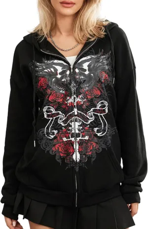 Gothic Zip Up Hoodies for Women Y2K Graphic Print Long Sleeve Oversized Sweatshirt Vintage Punk Rhinestones Jackets