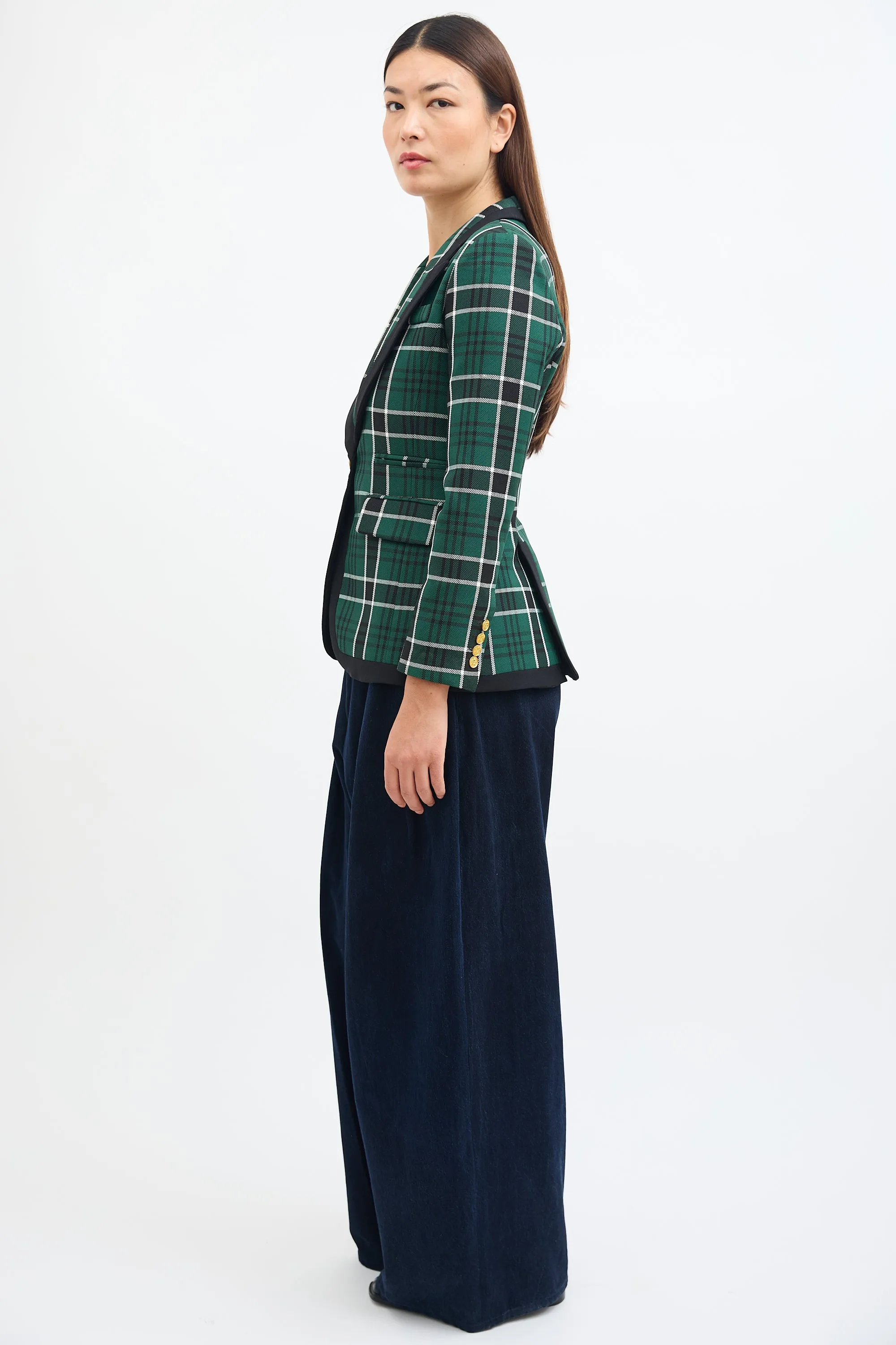Green & Black Plaid Peak Lapel Blazer