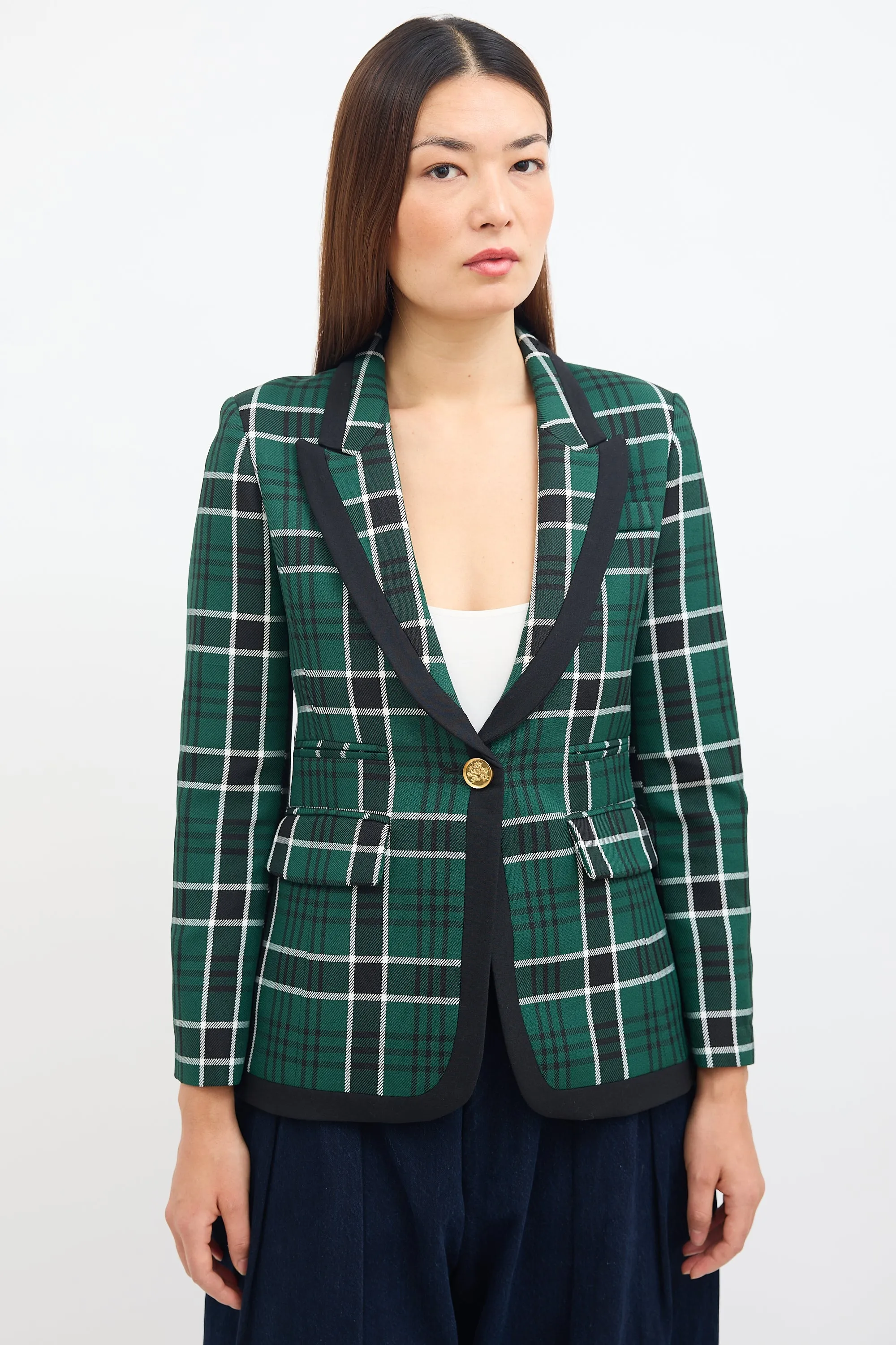 Green & Black Plaid Peak Lapel Blazer