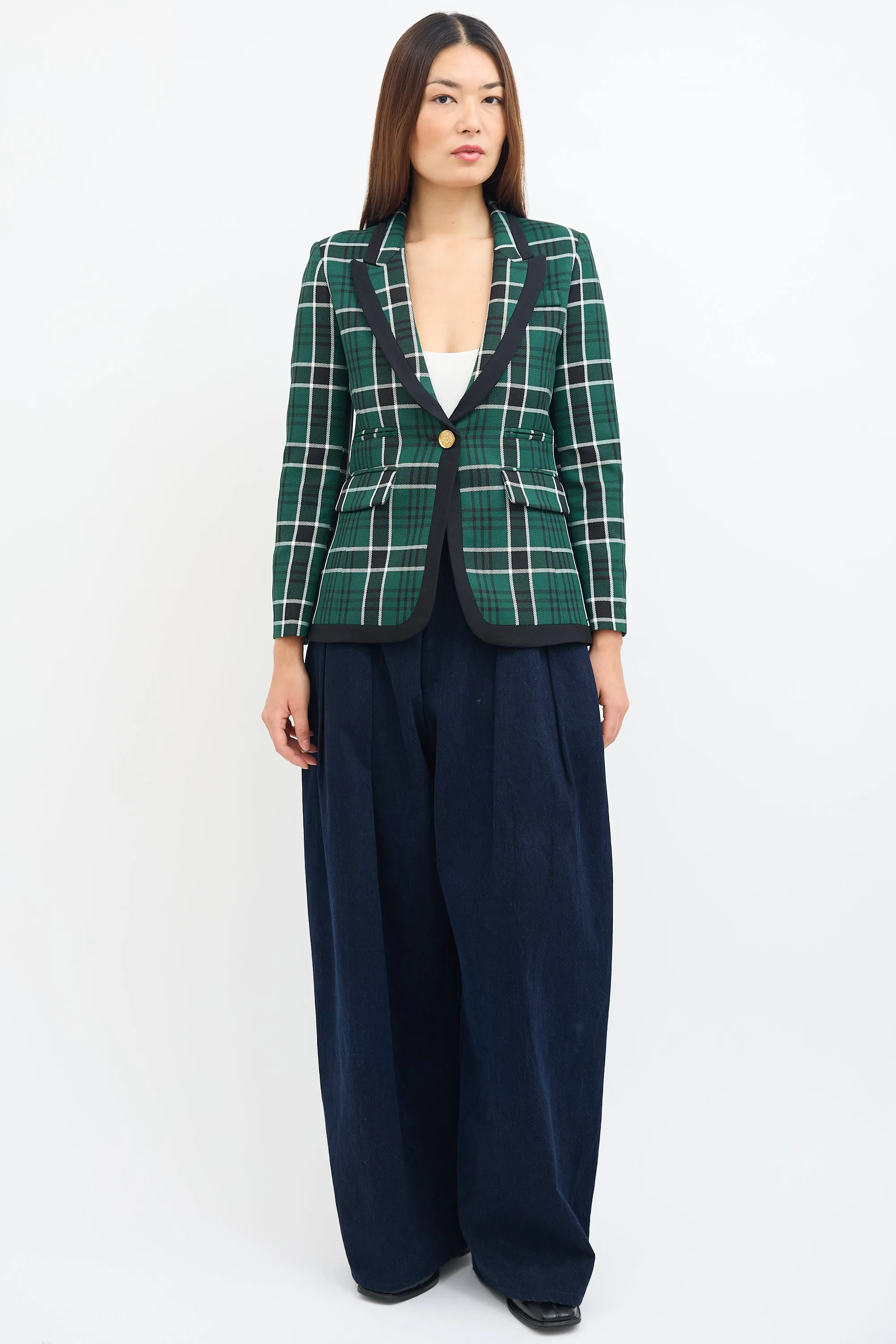 Green & Black Plaid Peak Lapel Blazer