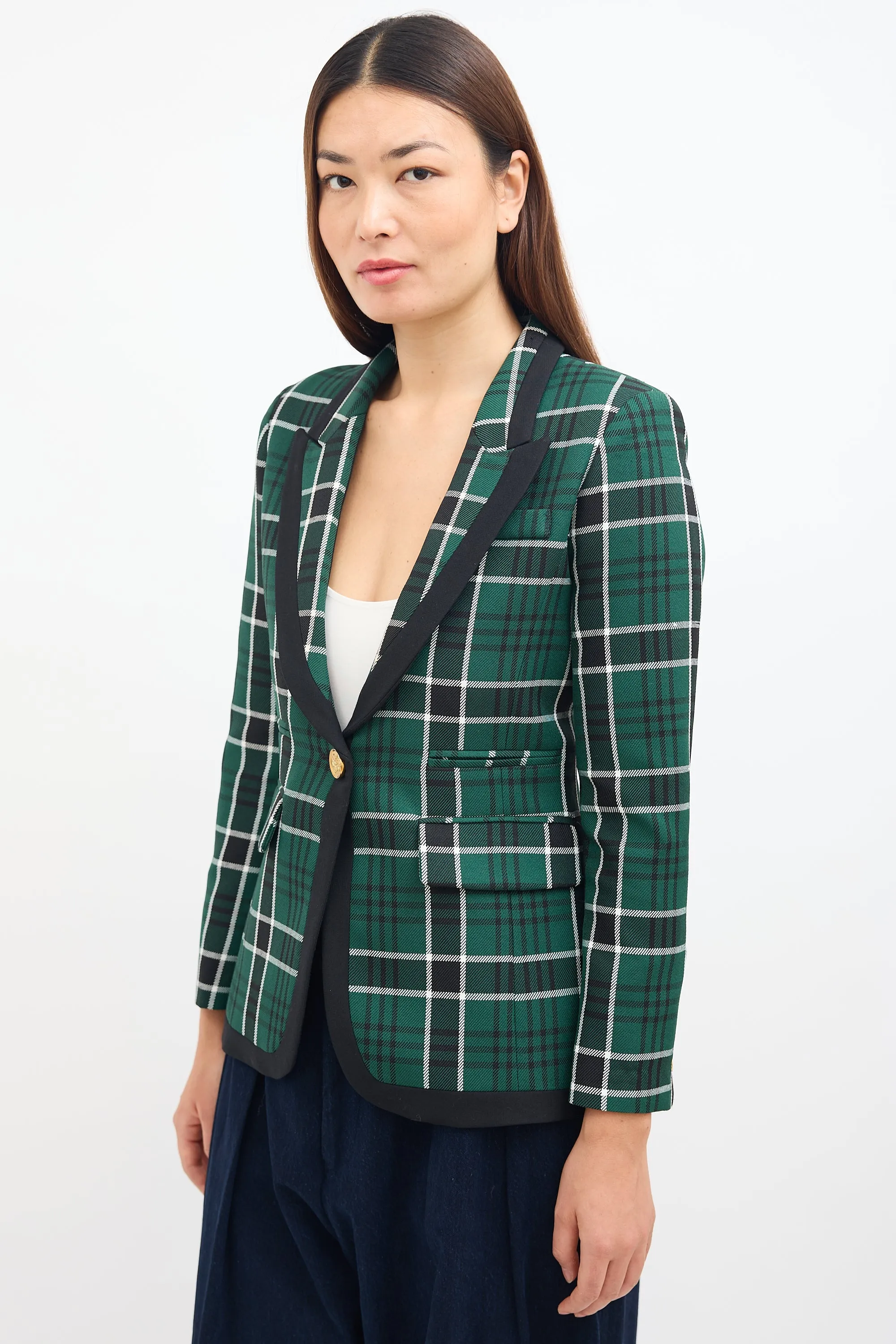 Green & Black Plaid Peak Lapel Blazer