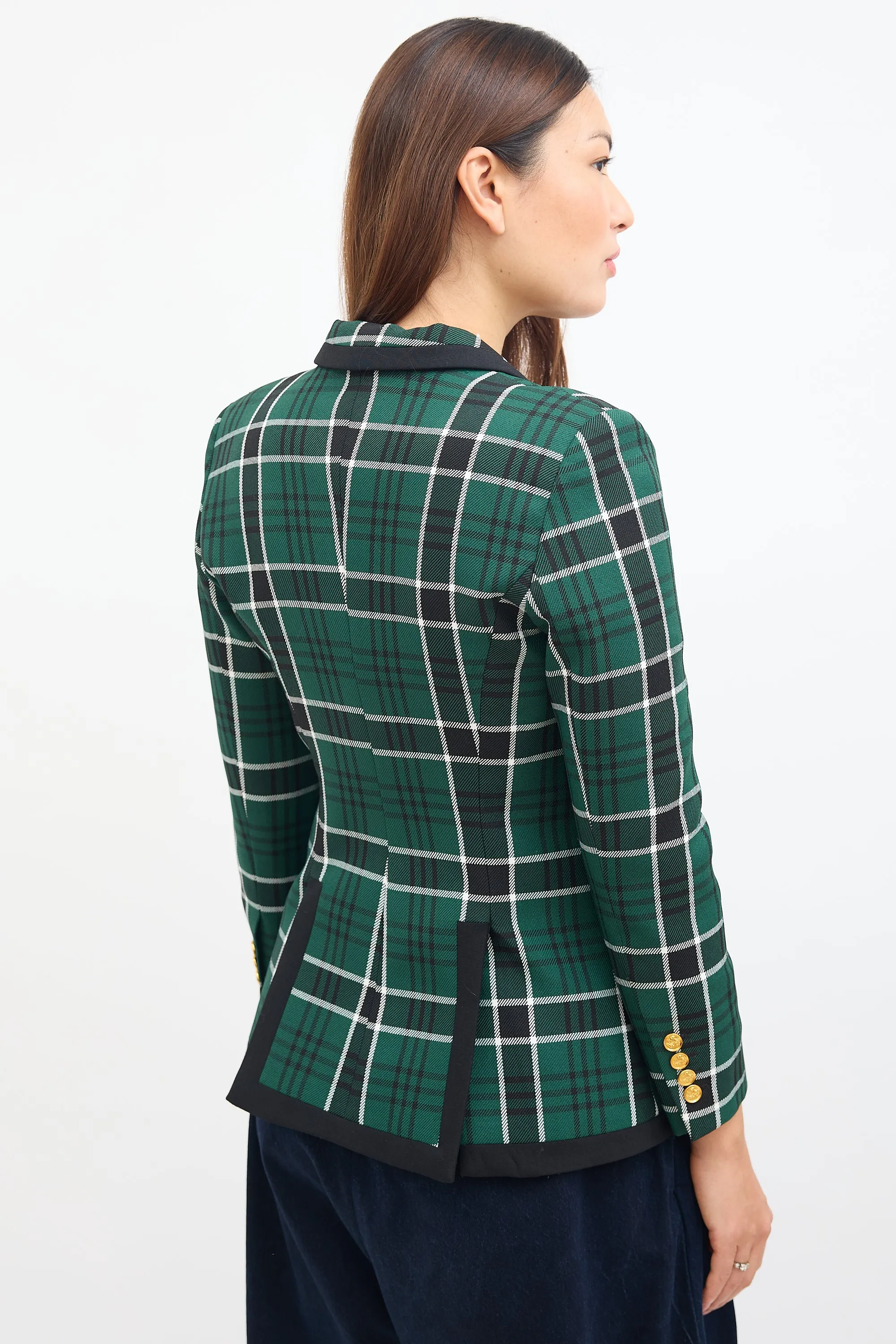 Green & Black Plaid Peak Lapel Blazer