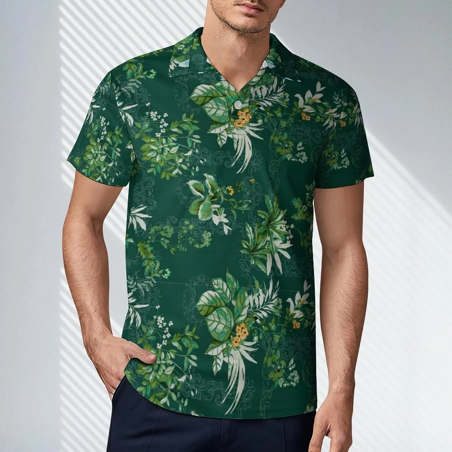 Green PlantPattern Men's Short Sleeve Classic Fit Performance Moisture Wicking Polo (Available in Big & Tall)