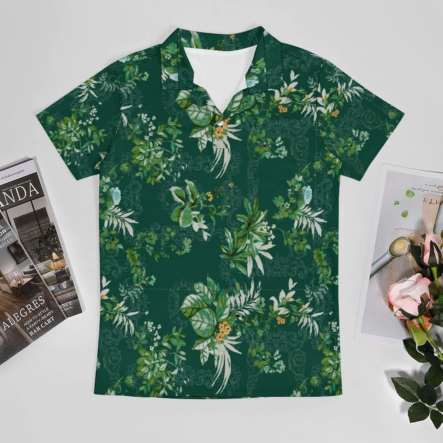 Green PlantPattern Men's Short Sleeve Classic Fit Performance Moisture Wicking Polo (Available in Big & Tall)