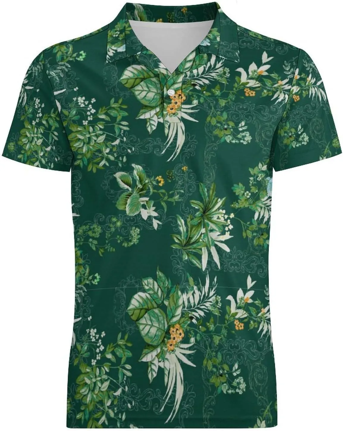 Green PlantPattern Men's Short Sleeve Classic Fit Performance Moisture Wicking Polo (Available in Big & Tall)