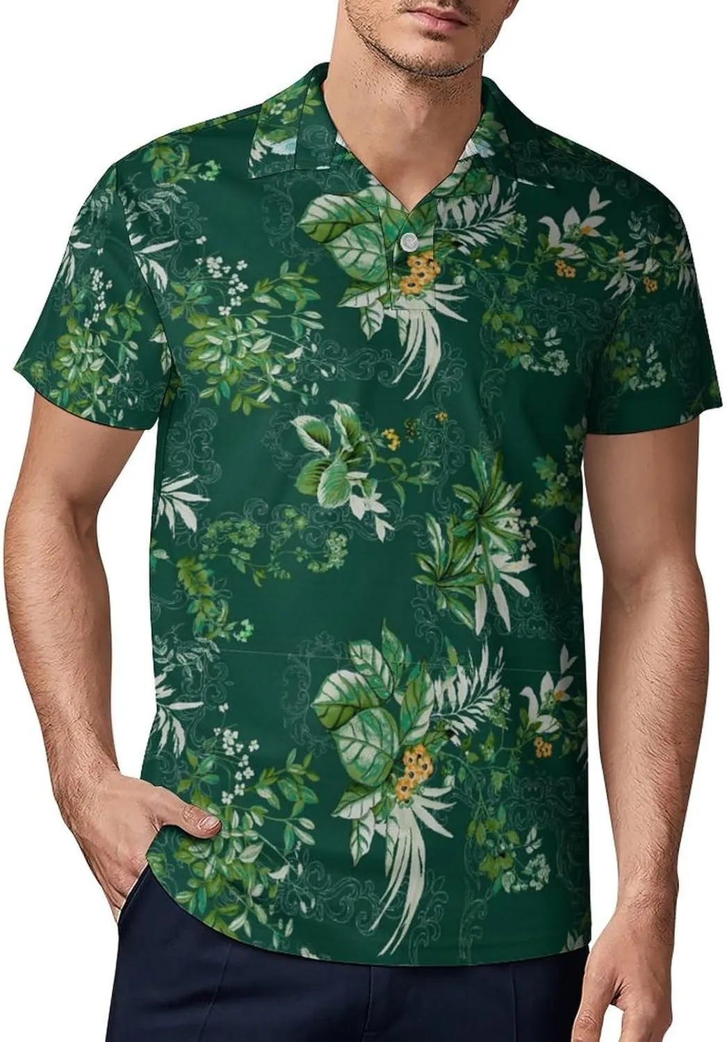 Green PlantPattern Men's Short Sleeve Classic Fit Performance Moisture Wicking Polo (Available in Big & Tall)