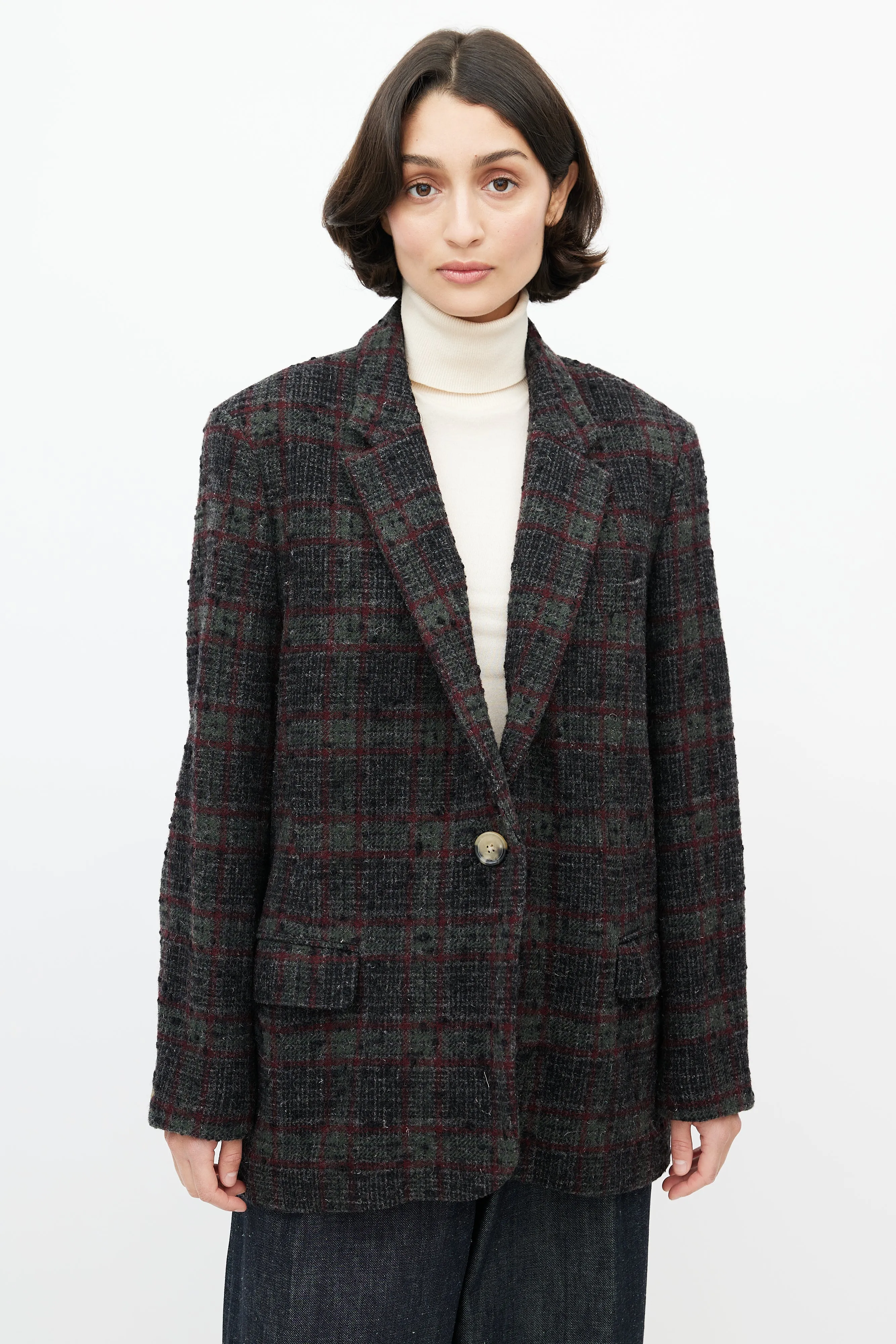Grey & Red Wool Plaid Blazer