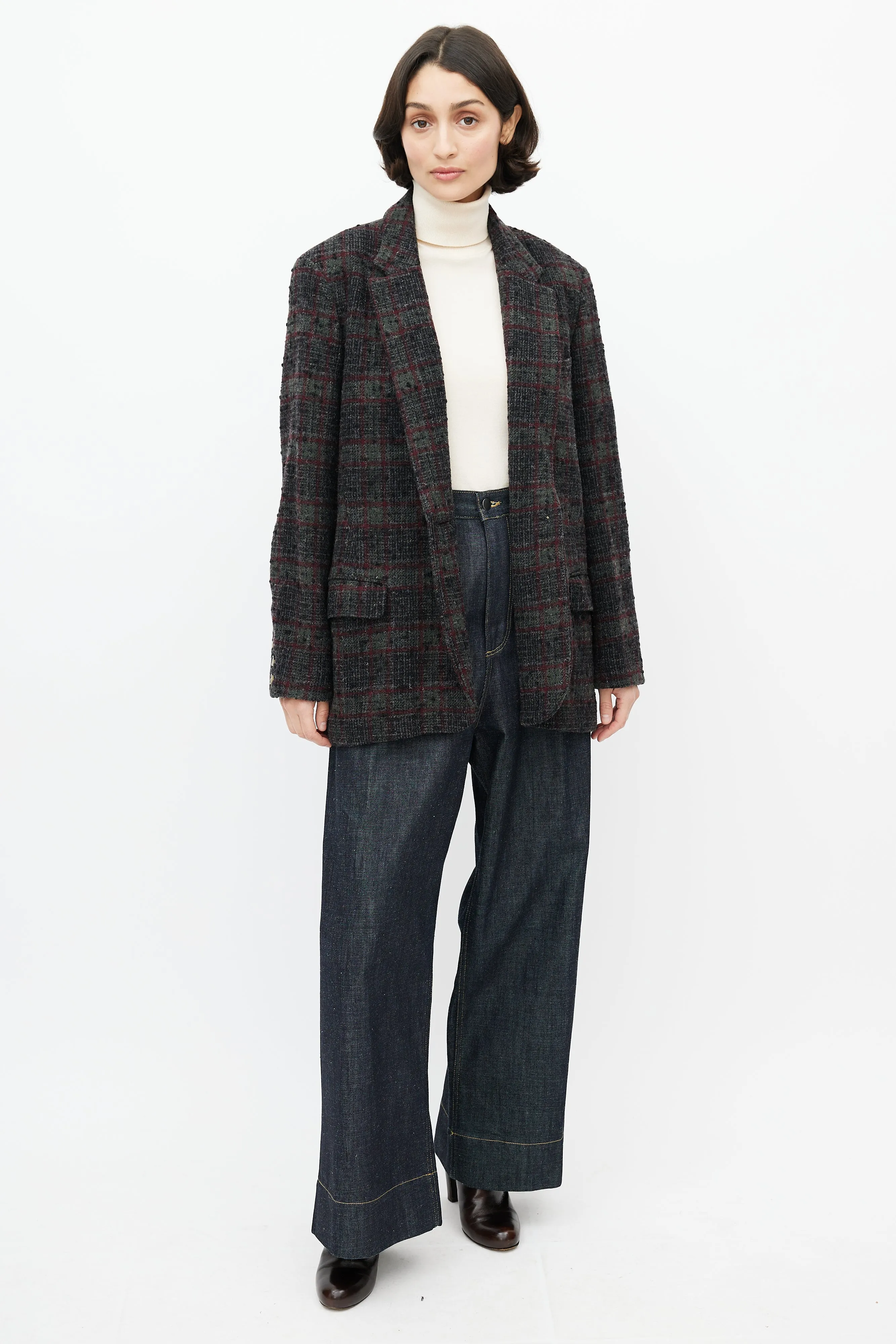 Grey & Red Wool Plaid Blazer