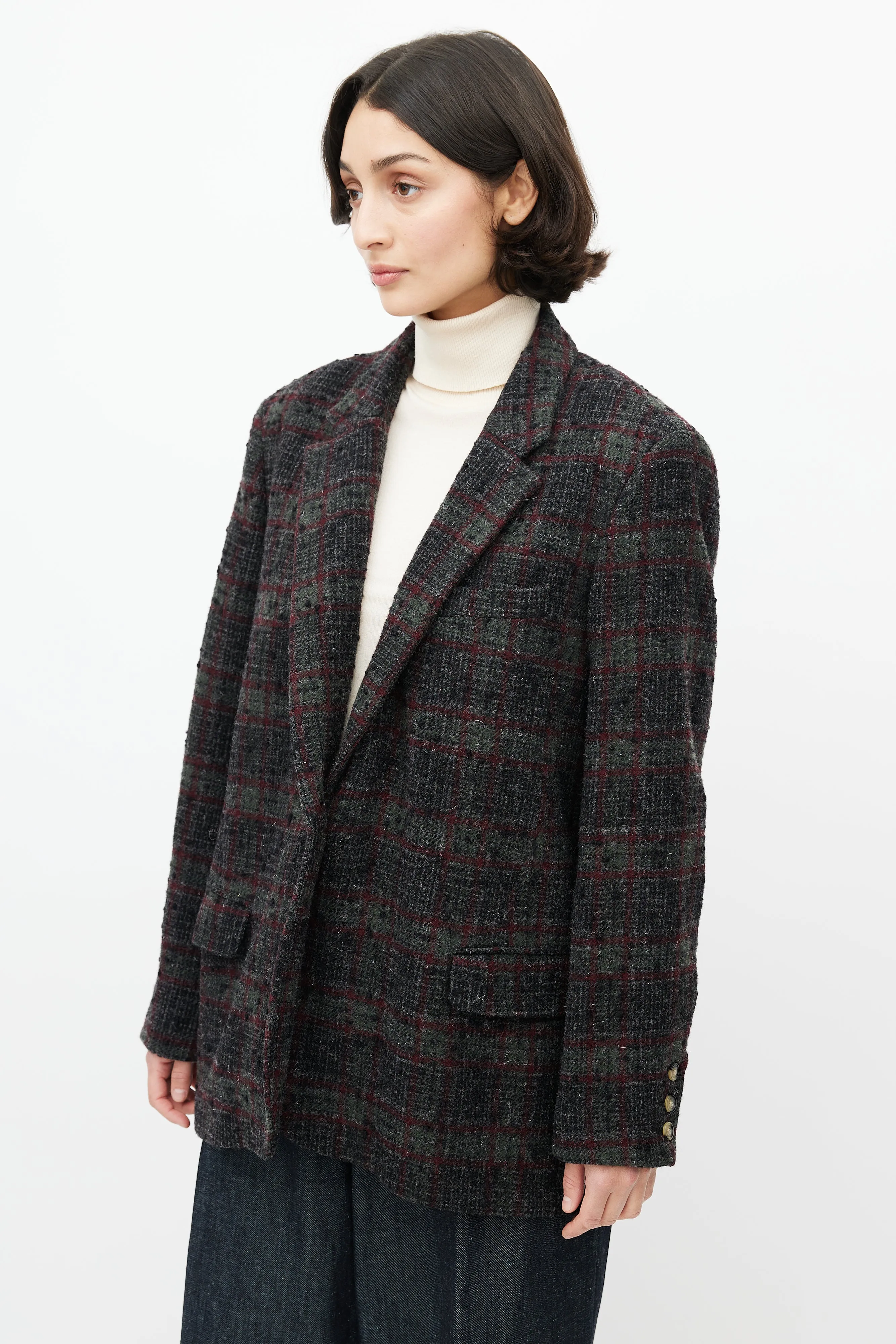 Grey & Red Wool Plaid Blazer