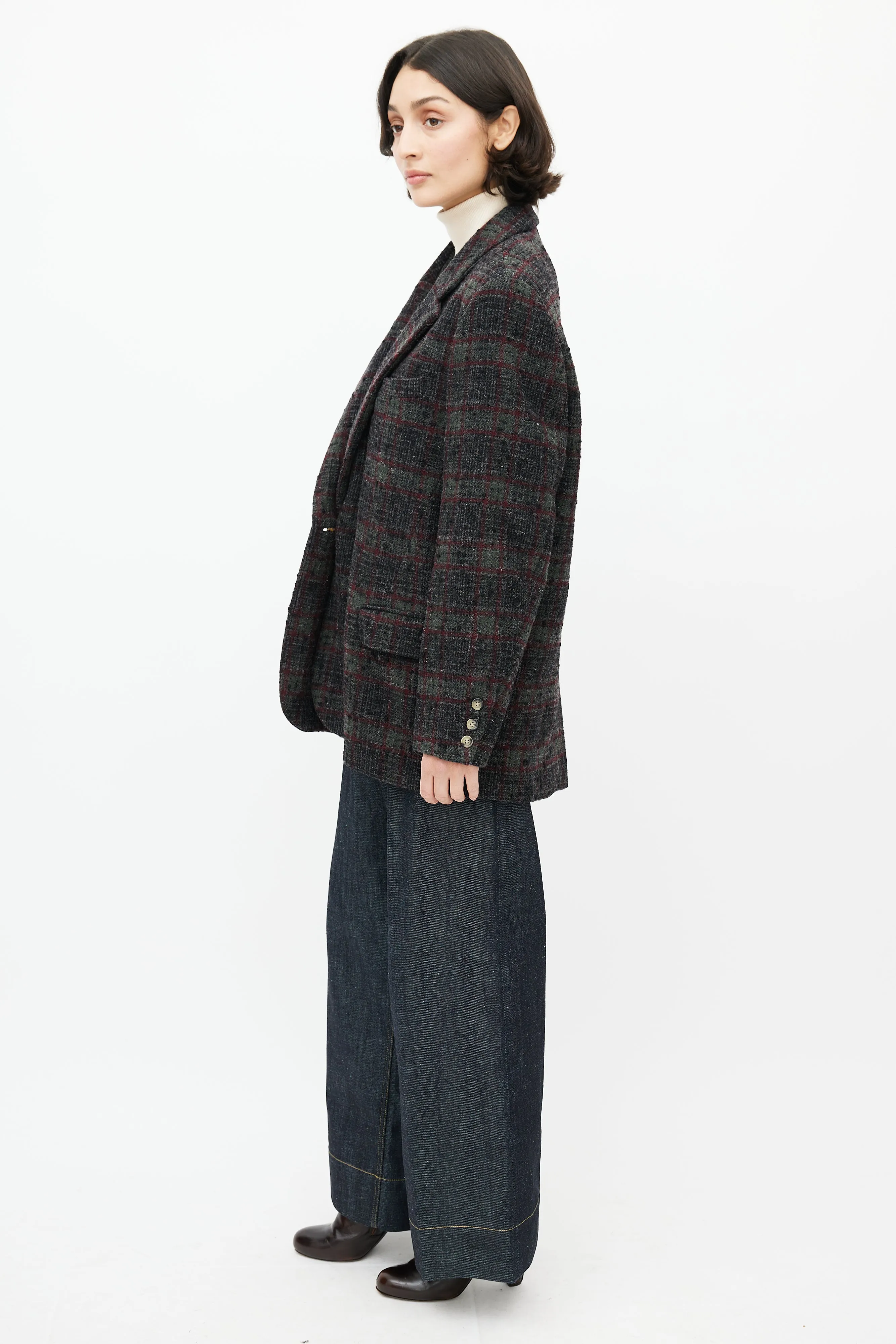 Grey & Red Wool Plaid Blazer