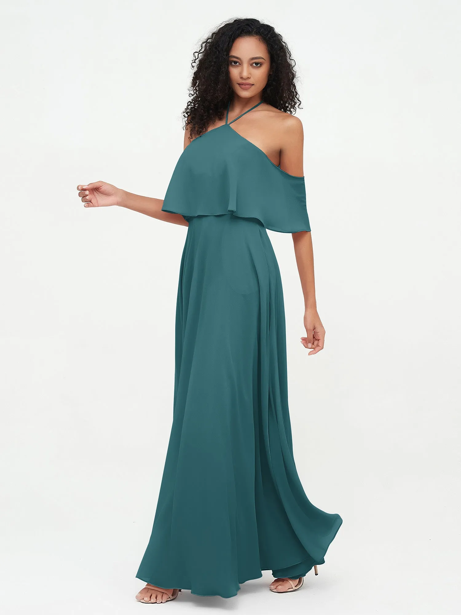 Halter Off the Shoulder Max Dresses with Pockets-Peacock Plus Size