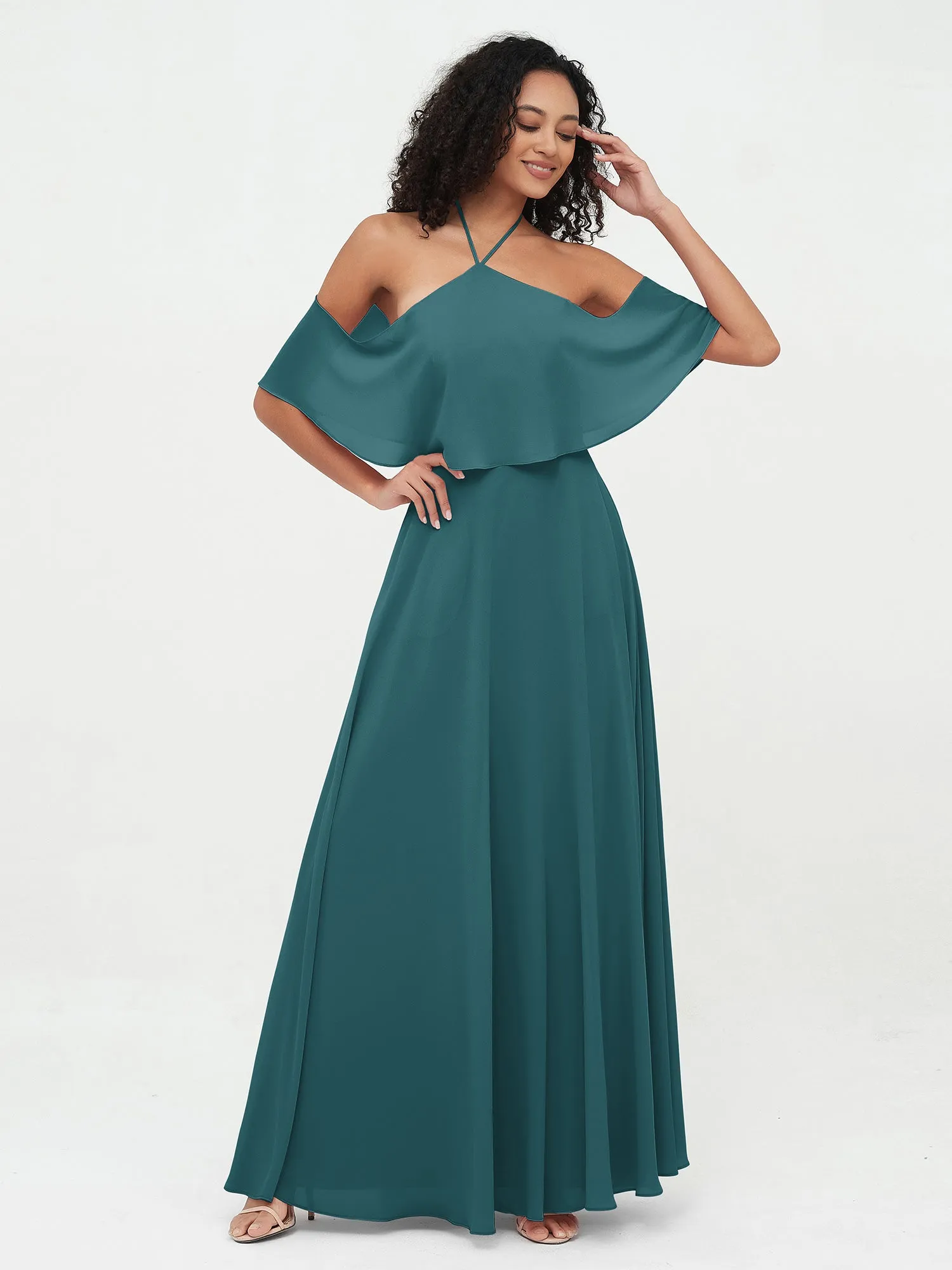 Halter Off the Shoulder Max Dresses with Pockets-Peacock Plus Size