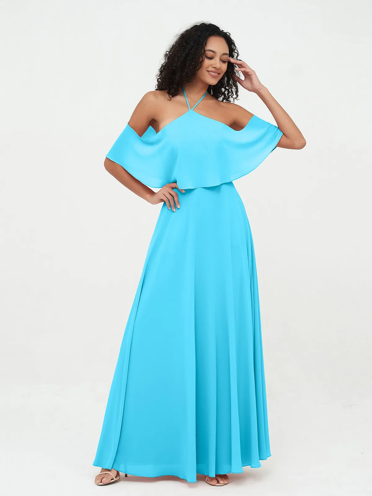 Halter Off the Shoulder Max Dresses with Pockets-Pool