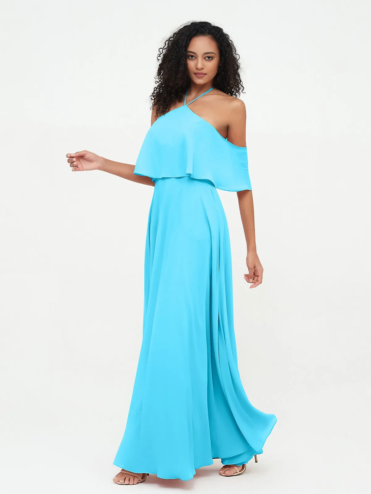 Halter Off the Shoulder Max Dresses with Pockets-Pool