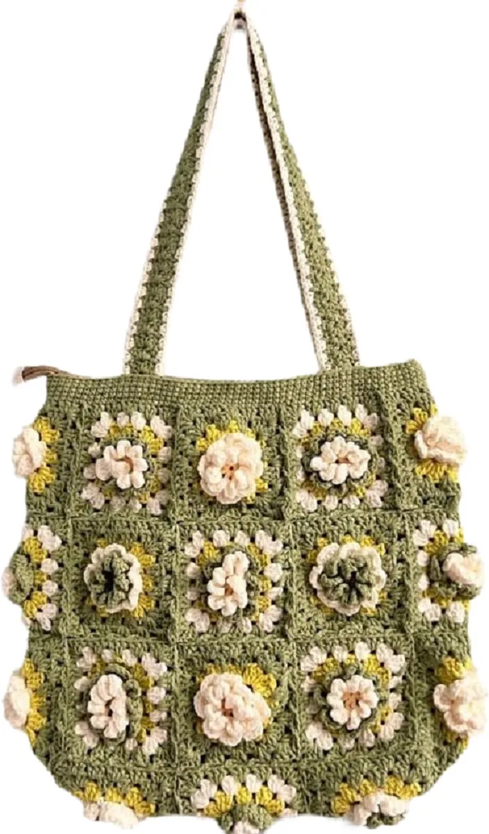 Handmade Purses and Handbags for Women, Crochet Women Shoulder Bags, Knitted Green Purse Handbag, Artificial Flowers Hobo Tote Handbag for Women and Girls