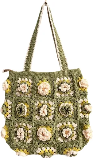 Handmade Purses and Handbags for Women, Crochet Women Shoulder Bags, Knitted Green Purse Handbag, Artificial Flowers Hobo Tote Handbag for Women and Girls