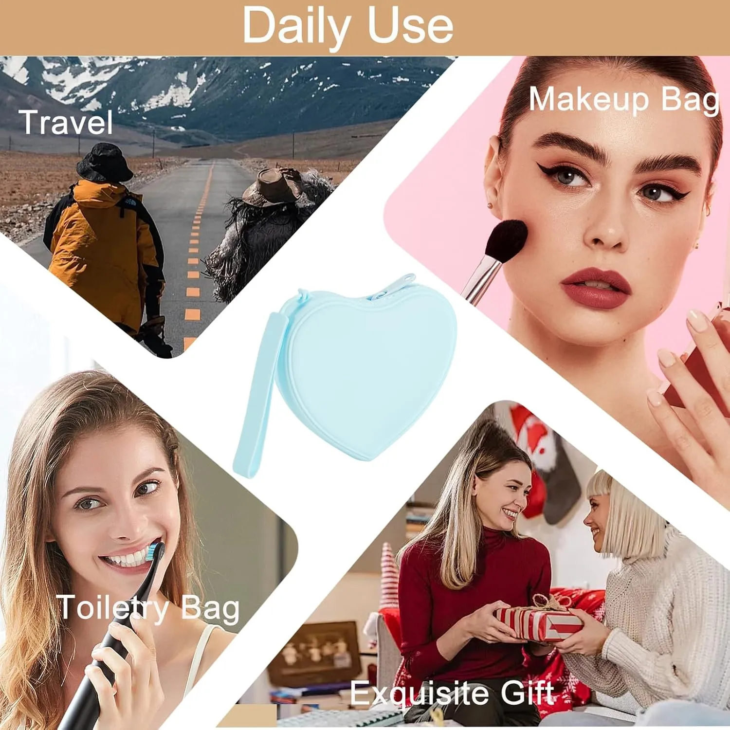 Heart Shaped Portable Silicone Makeup Bag for Women Girls, Small Travel Lovely Waterproof Toiletry Cosmetic Bag, Zipper Closure Organizer Heart Makeup Case with Handle (Blue)