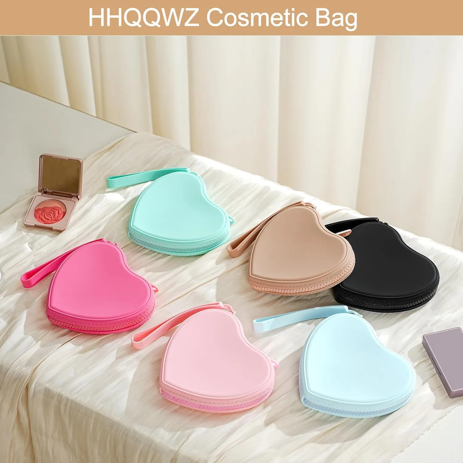 Heart Shaped Portable Silicone Makeup Bag for Women Girls, Small Travel Lovely Waterproof Toiletry Cosmetic Bag, Zipper Closure Organizer Heart Makeup Case with Handle (Blue)