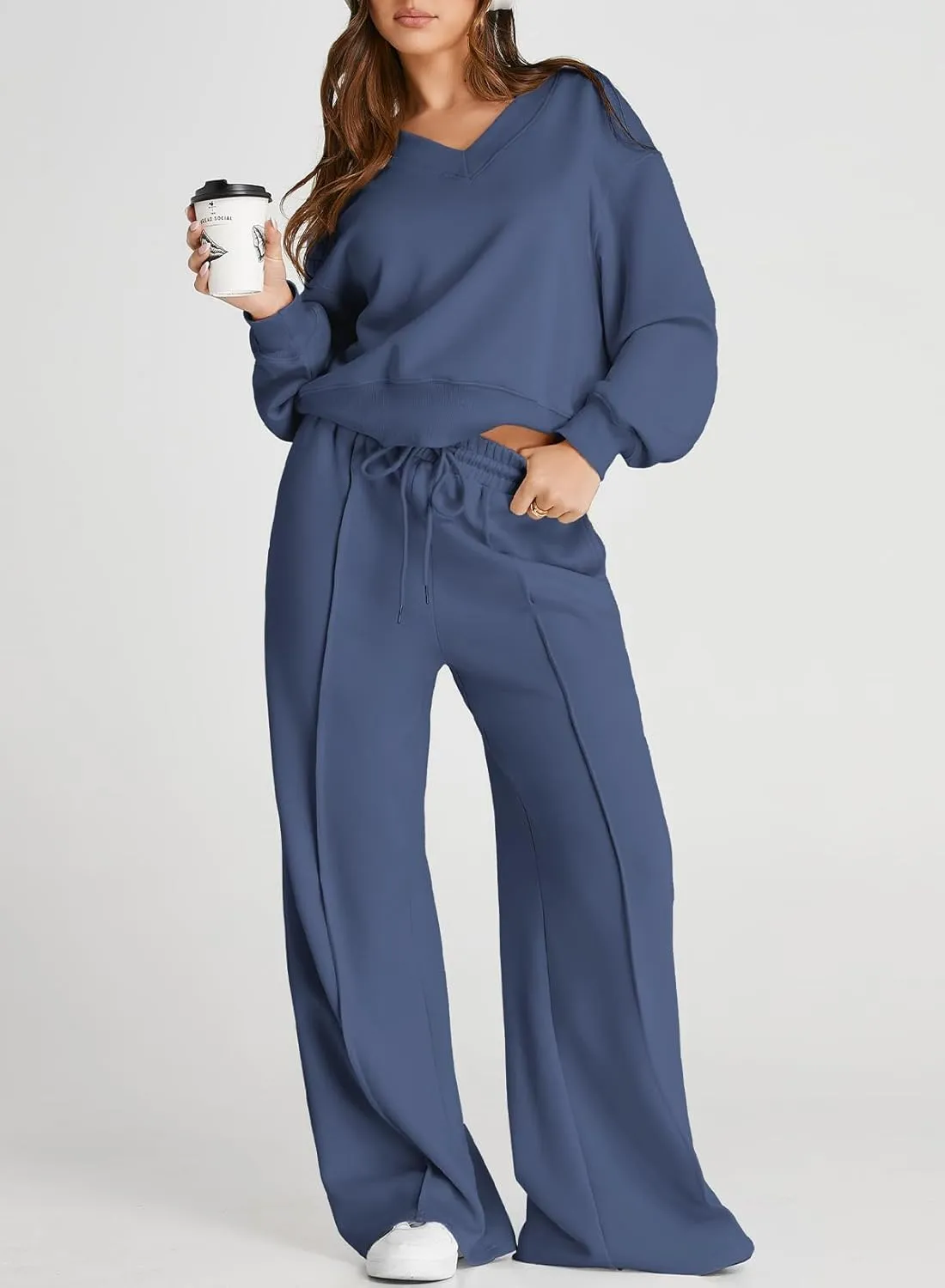Herseas Women 2 Piece Outfits Sweatsuit 2024 Fall Casual V Neck Sweatshirt with Wide Leg Sweatpants Tracksuit Lounge Set