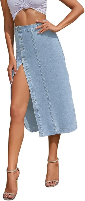 High Waisted Skirt Women's Button Down Denim Skirt High Waisted Casual Loose Jean Midi Skirts with Pockets Black Skirt