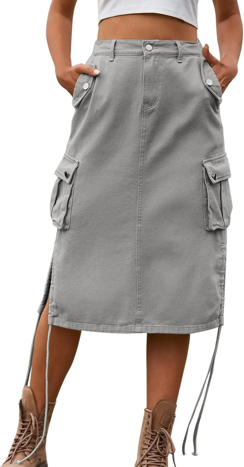 High Waisted Skirts Women's Casual a Line Flare Pleated Jean Denim Skirt with Pocket Black Skirts for Women