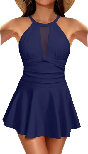 Holipick Women's One Piece Swim Dress High Neck Swimsuit Tummy Control Halter Modest Skirt Bathing Suits Long Swimdress