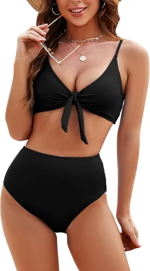 Honlyps High Waisted Bikini Sets for Women Tummy Control 2 Piece Swimsuit Cheeky Coverage Bathing Suit Tie Knot Swim Suit