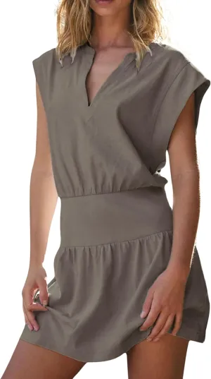 InterNos Womens Summer Mini Dress Lightweight V Neck Cap Sleeves A-Line Casual Athletic Dress