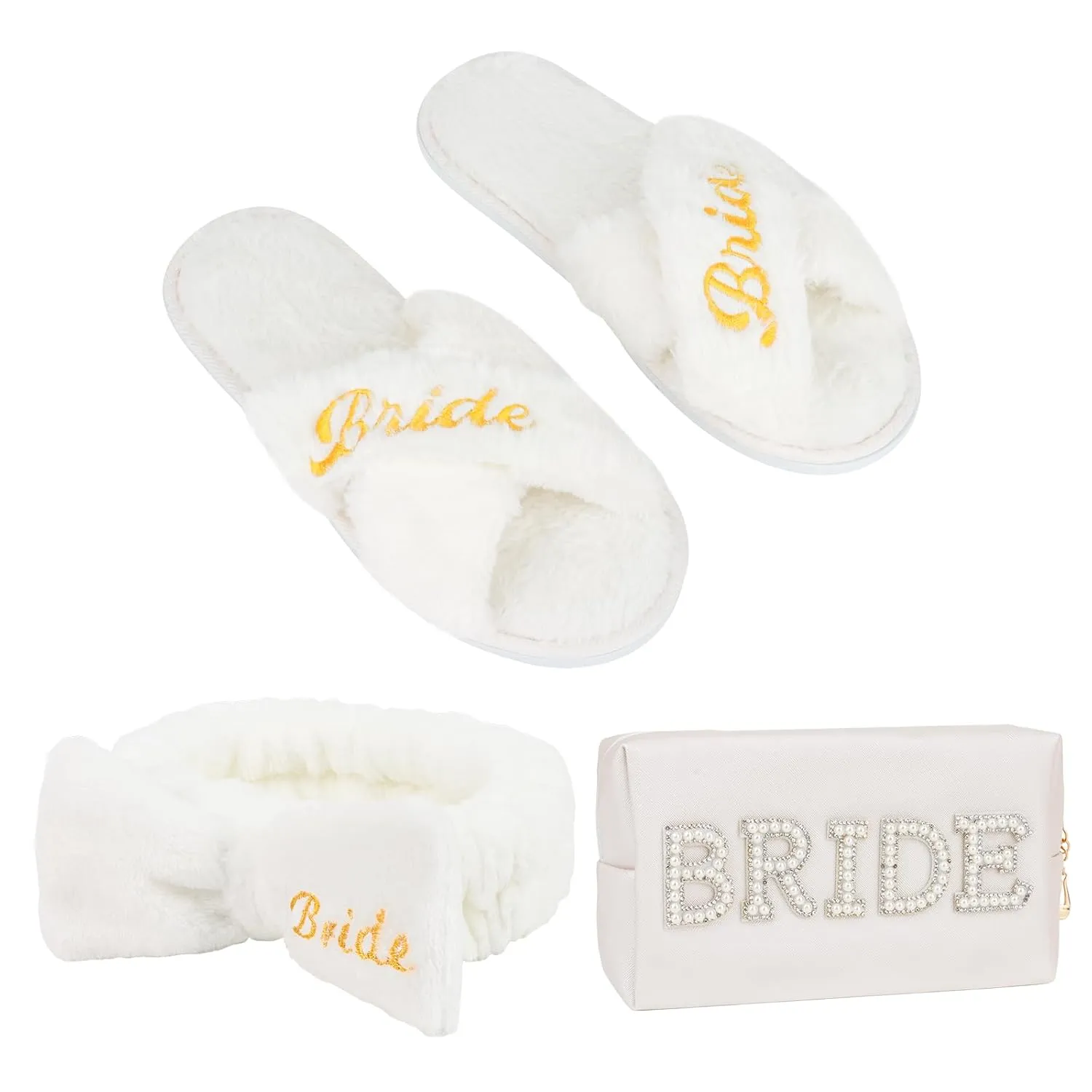 Jaciya Bride Slippers & Spa Headband Set with Makeup Bag - Wedding Day Essentials for Bridal Shower, Bachelorette Party Gifts