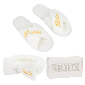 Jaciya Bride Slippers & Spa Headband Set with Makeup Bag - Wedding Day Essentials for Bridal Shower, Bachelorette Party Gifts
