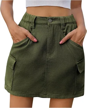 Jean Skirts for Women Denim Cargo Skirt High Waisted Mini Skirt Elastic Pencil Skirt Casual Summer Skirts with Pocket