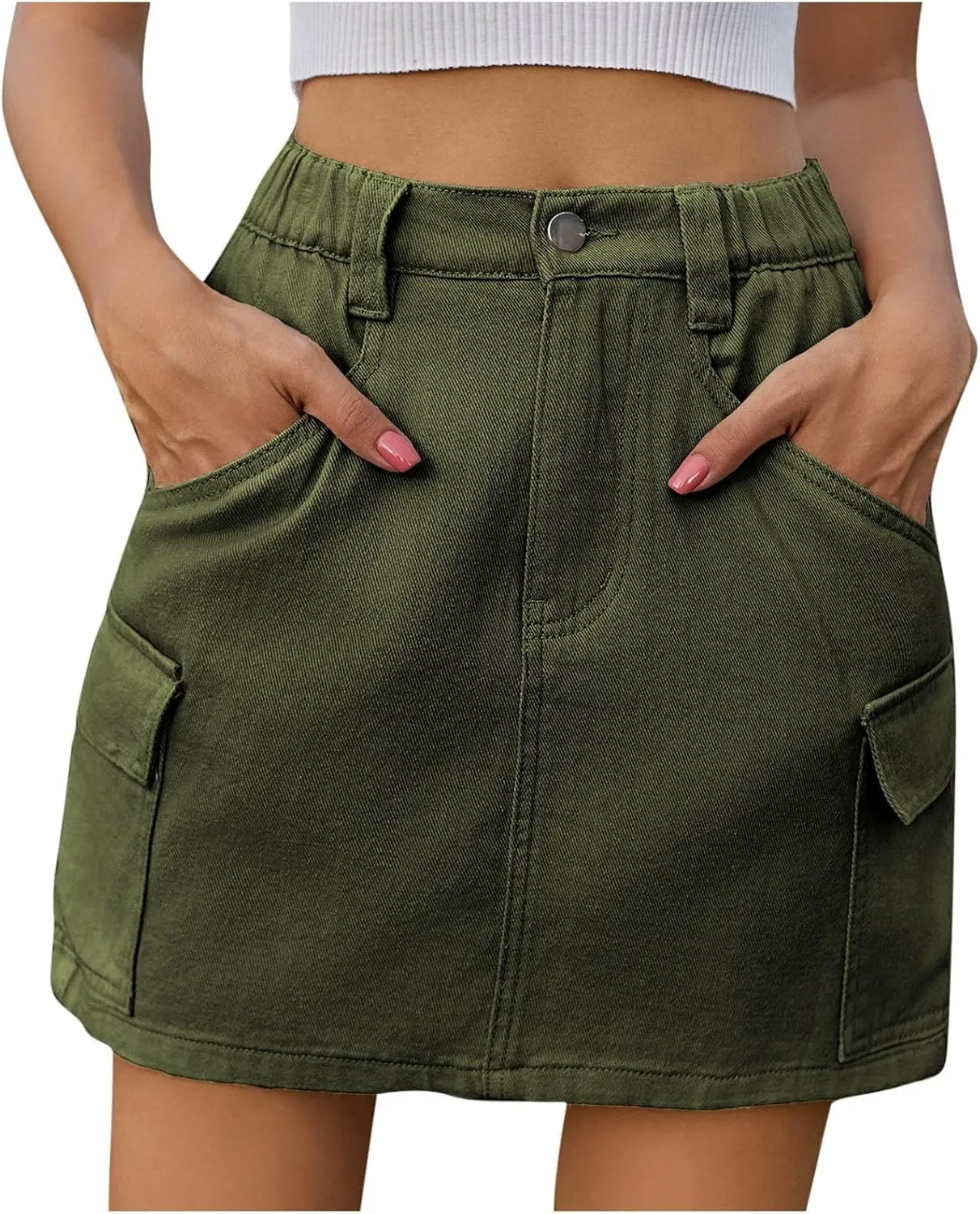 Jean Skirts for Women Denim Cargo Skirt High Waisted Mini Skirt Elastic Pencil Skirt Casual Summer Skirts with Pocket