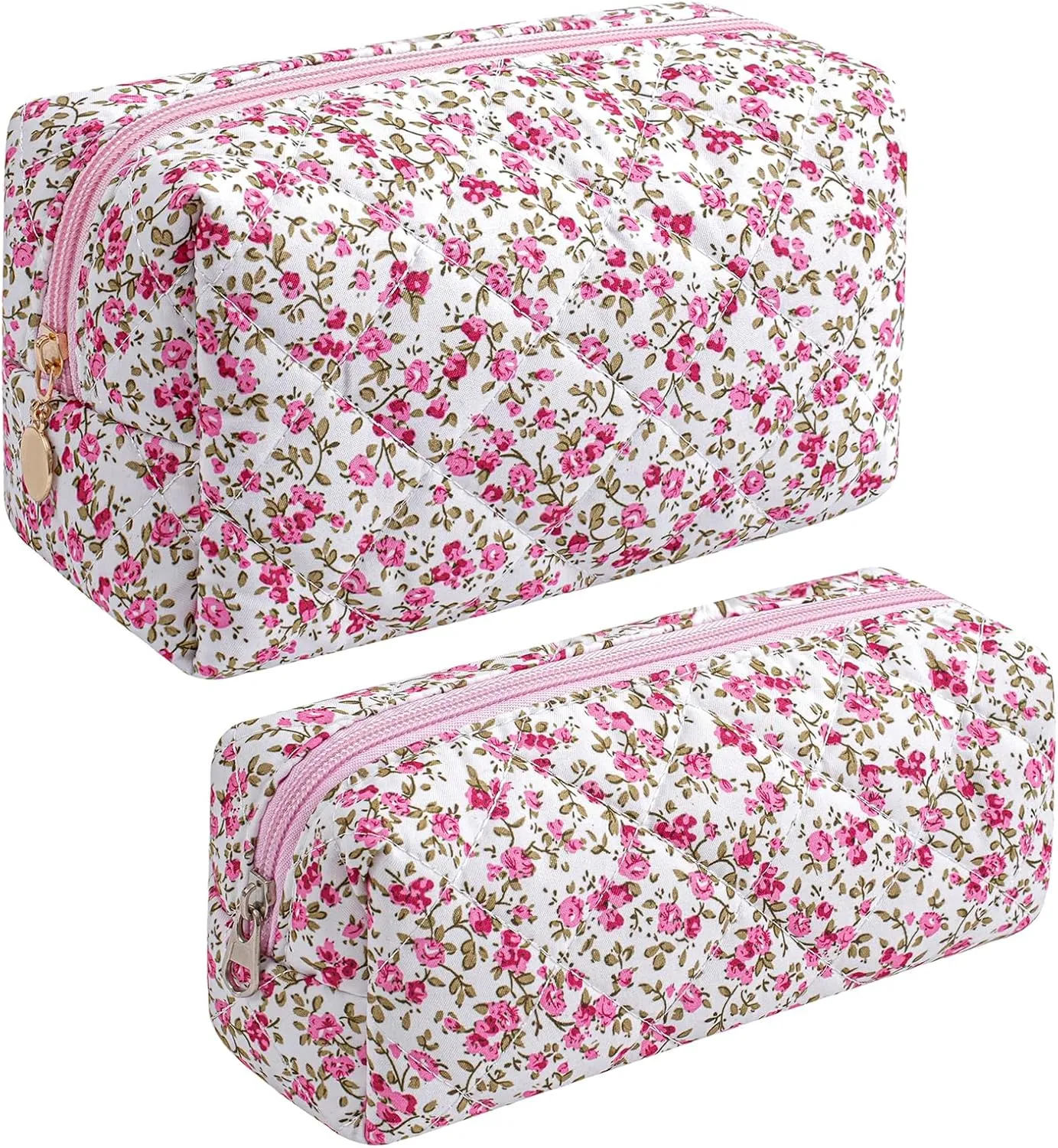 JOVAKIT 2Pcs Makeup Bag Quilted Cosmetic Bag for Women Girls, Floral Coquette Cotton Toiletry Zipper Make Up Pouch, Travel Storage Organizer Pouch (Red Floral)