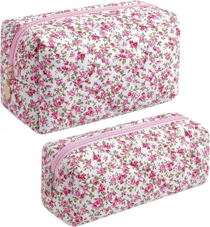 JOVAKIT 2Pcs Makeup Bag Quilted Cosmetic Bag for Women Girls, Floral Coquette Cotton Toiletry Zipper Make Up Pouch, Travel Storage Organizer Pouch (Red Floral)